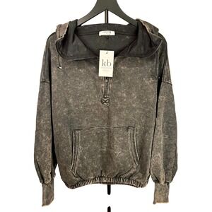 Zenana Ash Black Acid Wash Kangaroo Pocket 1/2 Zip Hoodie sweatshirt-Medium